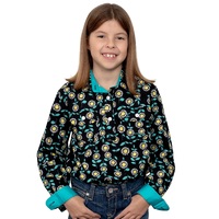 Girls Harper 1/2 Button shirt, Black Sunflowers